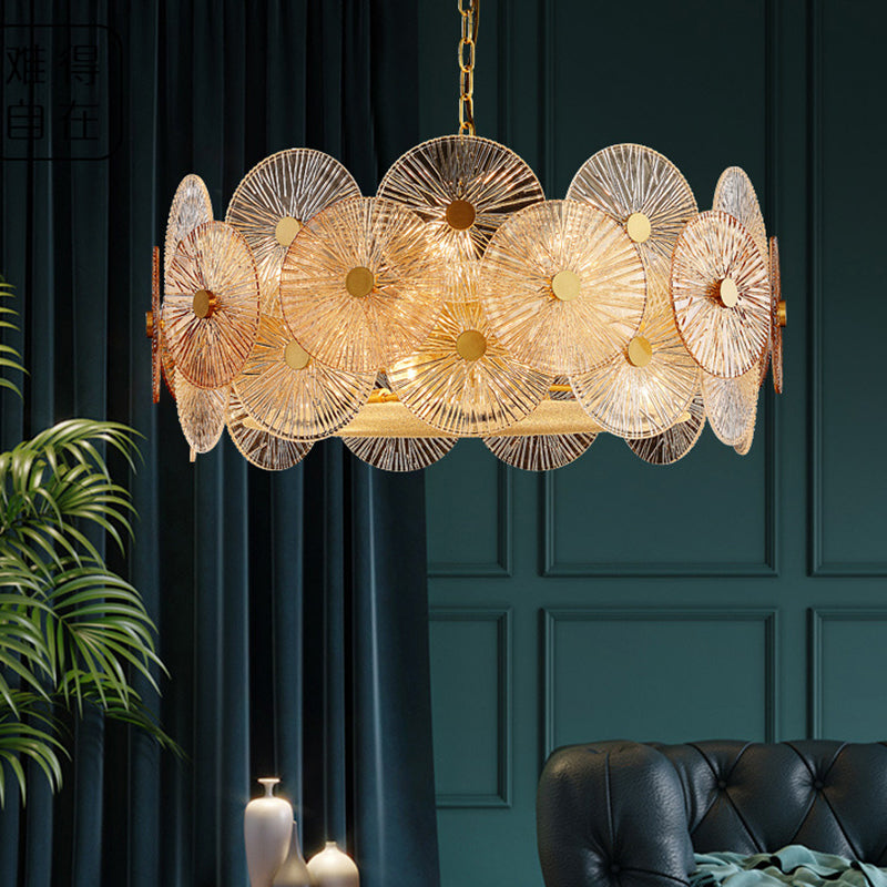 Clear Ribbed Glass Panel Hanging Chandelier Contemporary 8/12 Heads Ceiling Pendant Lamp in Gold Clearhalo 'Ceiling Lights' 'Chandeliers' 'Modern Chandeliers' 'Modern' Lighting' 735303