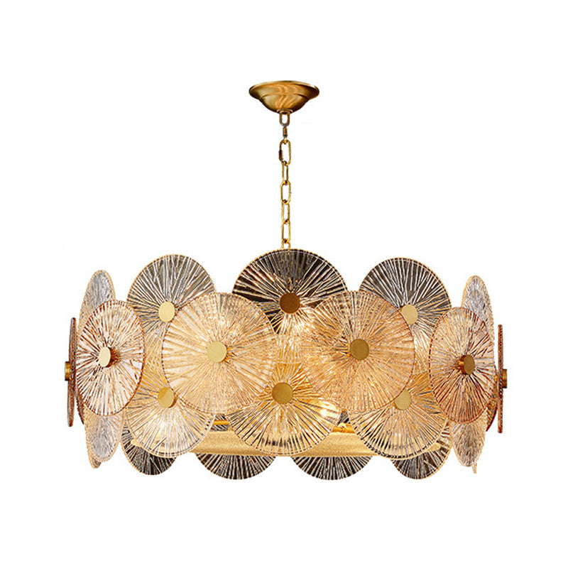 Clear Ribbed Glass Panel Hanging Chandelier Contemporary 8/12 Heads Ceiling Pendant Lamp in Gold Clearhalo 'Ceiling Lights' 'Chandeliers' 'Modern Chandeliers' 'Modern' Lighting' 735304