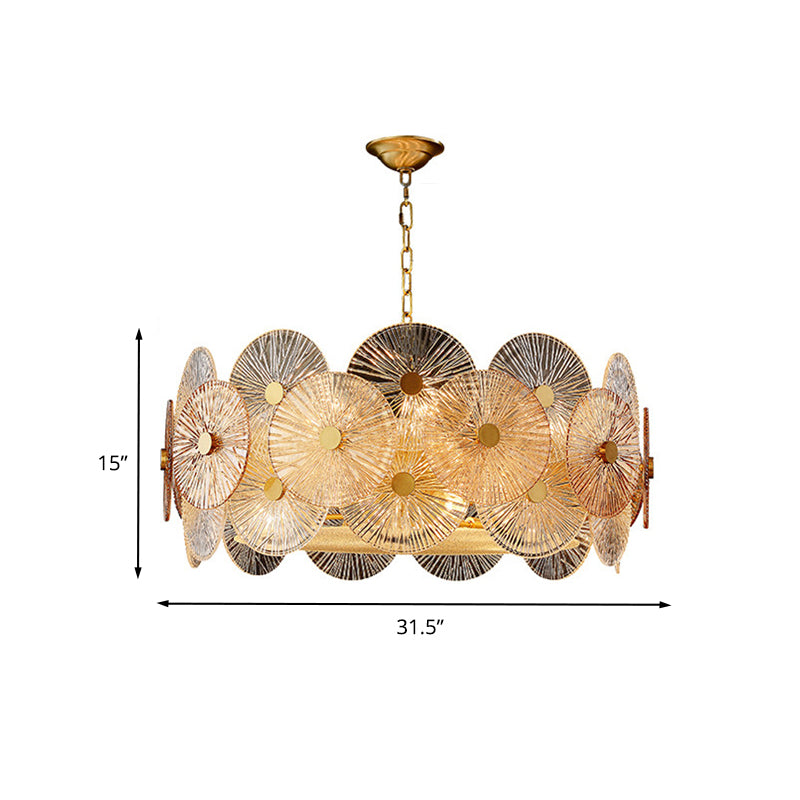 Clear Ribbed Glass Panel Hanging Chandelier Contemporary 8/12 Heads Ceiling Pendant Lamp in Gold Clearhalo 'Ceiling Lights' 'Chandeliers' 'Modern Chandeliers' 'Modern' Lighting' 735305