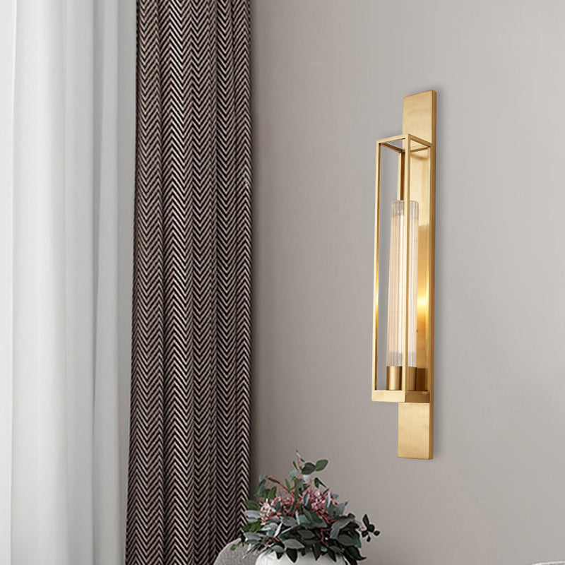 Post Modern Linear Sconce Lighting Metal 1-Head Corner Wall Mount Lamp in Gold with Tube Ribbed Glass Shade Gold Clearhalo 'Cast Iron' 'Glass' 'Industrial' 'Modern wall lights' 'Modern' 'Tiffany' 'Traditional wall lights' 'Wall Lamps & Sconces' 'Wall Lights' Lighting' 735306