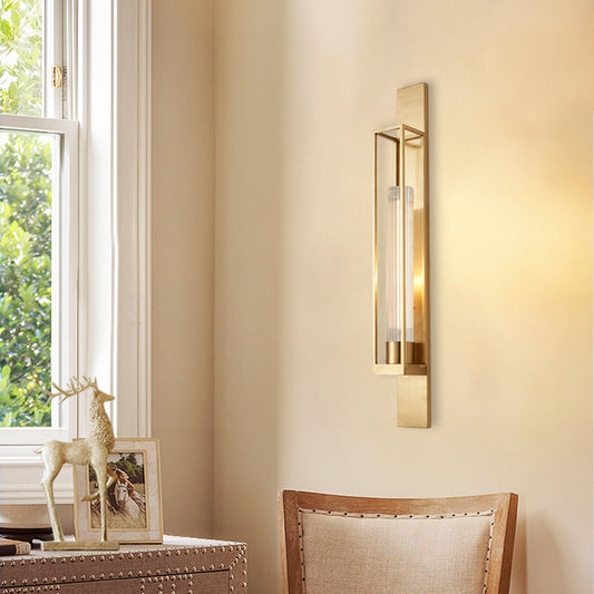 Post Modern Linear Sconce Lighting Metal 1-Head Corner Wall Mount Lamp in Gold with Tube Ribbed Glass Shade Clearhalo 'Cast Iron' 'Glass' 'Industrial' 'Modern wall lights' 'Modern' 'Tiffany' 'Traditional wall lights' 'Wall Lamps & Sconces' 'Wall Lights' Lighting' 735307