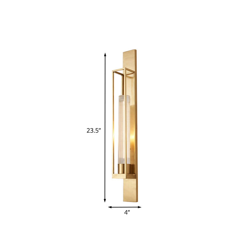 Post Modern Linear Sconce Lighting Metal 1-Head Corner Wall Mount Lamp in Gold with Tube Ribbed Glass Shade Clearhalo 'Cast Iron' 'Glass' 'Industrial' 'Modern wall lights' 'Modern' 'Tiffany' 'Traditional wall lights' 'Wall Lamps & Sconces' 'Wall Lights' Lighting' 735309
