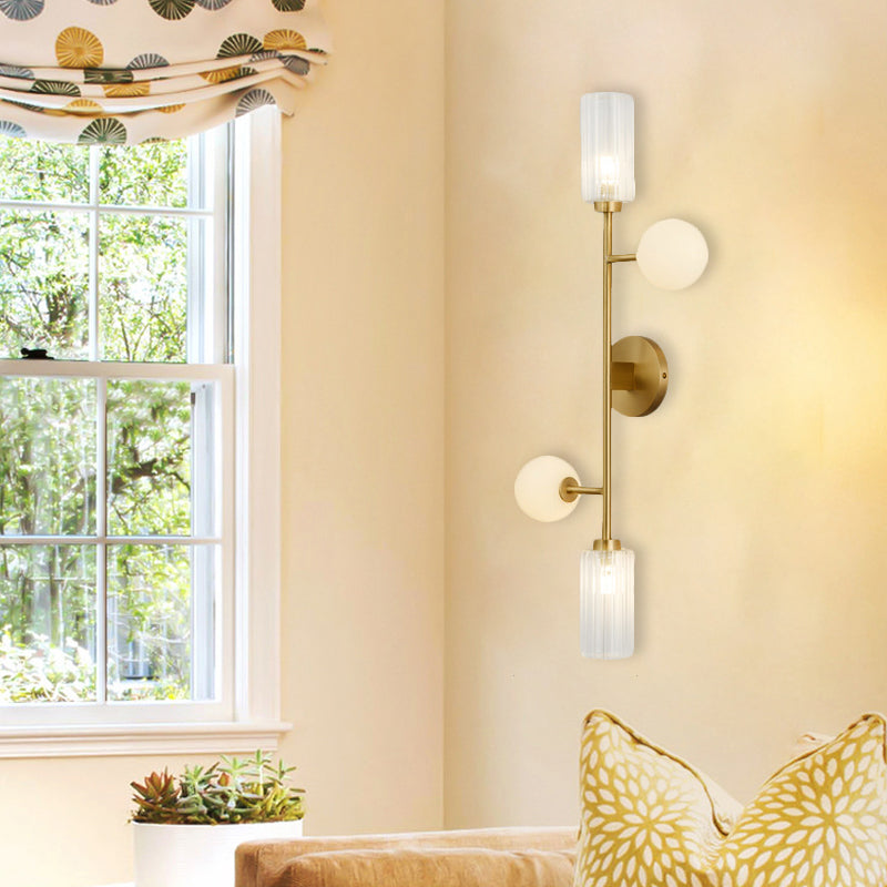 Metal Pencil Arm Wall Mounted Lamp Modernism 4-Light Gold Finish Wall Light Fixture with Cylinder and Orb Glass Shade Gold Clearhalo 'Cast Iron' 'Glass' 'Industrial' 'Modern wall lights' 'Modern' 'Tiffany' 'Traditional wall lights' 'Wall Lamps & Sconces' 'Wall Lights' Lighting' 735310