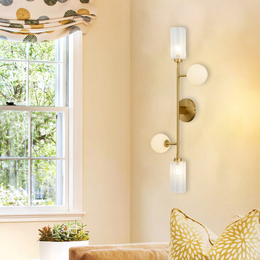 Metal Pencil Arm Wall Mounted Lamp Modernism 4-Light Gold Finish Wall Light Fixture with Cylinder and Orb Glass Shade Gold Clearhalo 'Cast Iron' 'Glass' 'Industrial' 'Modern wall lights' 'Modern' 'Tiffany' 'Traditional wall lights' 'Wall Lamps & Sconces' 'Wall Lights' Lighting' 735310