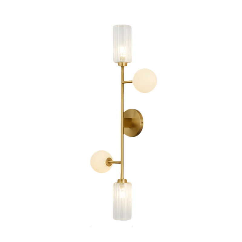 Metal Pencil Arm Wall Mounted Lamp Modernism 4-Light Gold Finish Wall Light Fixture with Cylinder and Orb Glass Shade Clearhalo 'Cast Iron' 'Glass' 'Industrial' 'Modern wall lights' 'Modern' 'Tiffany' 'Traditional wall lights' 'Wall Lamps & Sconces' 'Wall Lights' Lighting' 735311