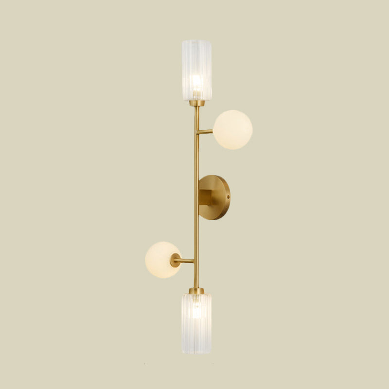 Metal Pencil Arm Wall Mounted Lamp Modernism 4-Light Gold Finish Wall Light Fixture with Cylinder and Orb Glass Shade Clearhalo 'Cast Iron' 'Glass' 'Industrial' 'Modern wall lights' 'Modern' 'Tiffany' 'Traditional wall lights' 'Wall Lamps & Sconces' 'Wall Lights' Lighting' 735312