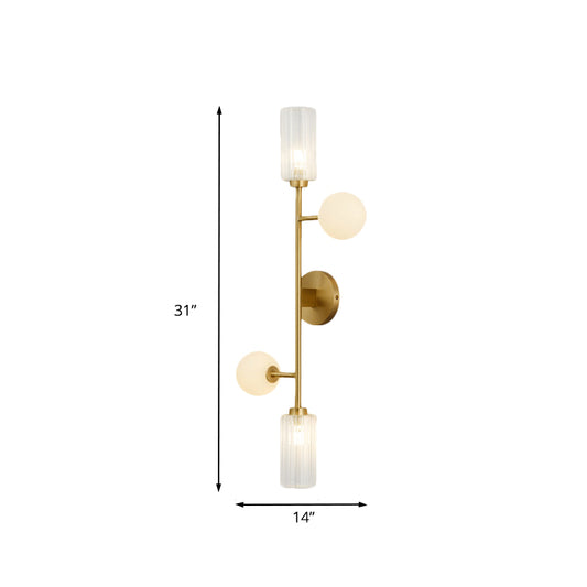 Metal Pencil Arm Wall Mounted Lamp Modernism 4-Light Gold Finish Wall Light Fixture with Cylinder and Orb Glass Shade Clearhalo 'Cast Iron' 'Glass' 'Industrial' 'Modern wall lights' 'Modern' 'Tiffany' 'Traditional wall lights' 'Wall Lamps & Sconces' 'Wall Lights' Lighting' 735313