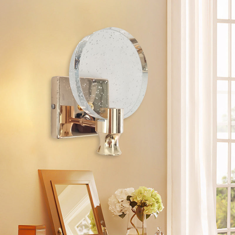 Modern Circle Panel Wall Light Sconce Bubble Crystal LED Bedroom Wall Mounted Lamp in Gold, 5"/6" Wide Gold 6" Clearhalo 'Cast Iron' 'Glass' 'Industrial' 'Modern wall lights' 'Modern' 'Tiffany' 'Traditional wall lights' 'Wall Lamps & Sconces' 'Wall Lights' Lighting' 735318