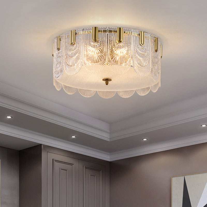 Traditionalist Drum Flushmount Lighting Prismatic Glass 6 Heads Bedroom Ceiling Mounted Fixture in Brass Brass Clearhalo 'Ceiling Lights' 'Close To Ceiling Lights' 'Close to ceiling' 'Flush mount' Lighting' 735334