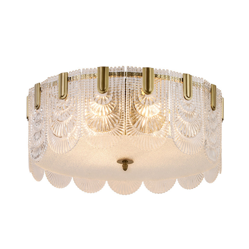 Traditionalist Drum Flushmount Lighting Prismatic Glass 6 Heads Bedroom Ceiling Mounted Fixture in Brass Clearhalo 'Ceiling Lights' 'Close To Ceiling Lights' 'Close to ceiling' 'Flush mount' Lighting' 735336