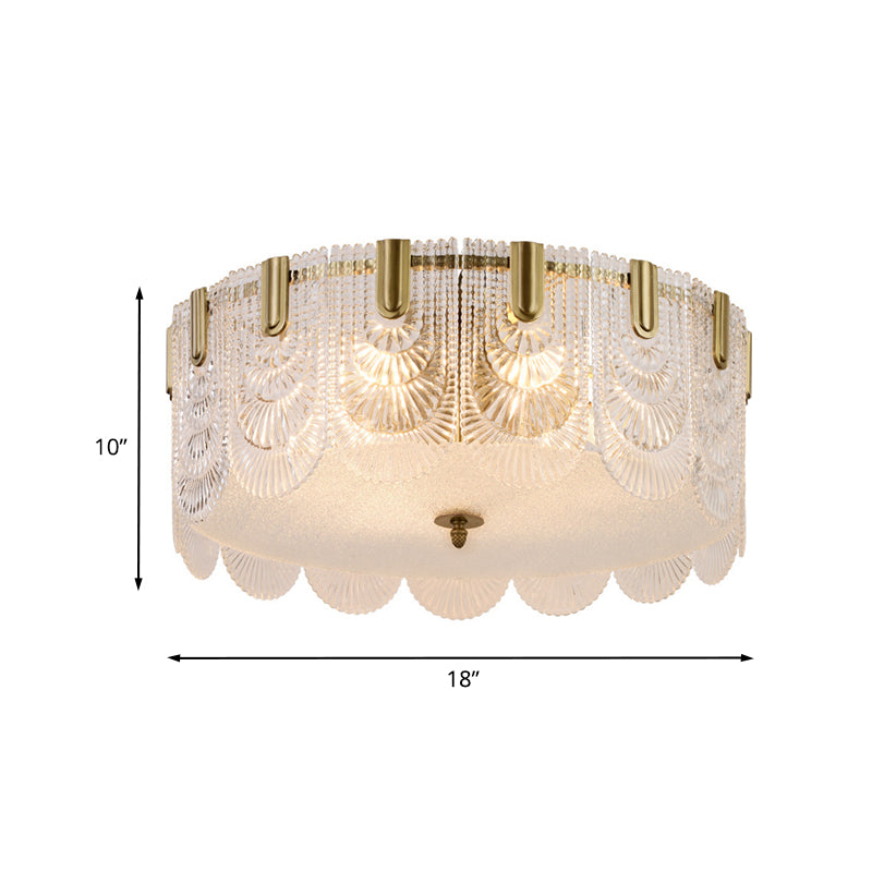 Traditionalist Drum Flushmount Lighting Prismatic Glass 6 Heads Bedroom Ceiling Mounted Fixture in Brass Clearhalo 'Ceiling Lights' 'Close To Ceiling Lights' 'Close to ceiling' 'Flush mount' Lighting' 735337