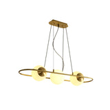 Sphere Dining Room Chandelier Frosted Glass 3-Light Post Modern Hanging Ceiling Lamp with Brass Oval Ring Beam Clearhalo 'Ceiling Lights' 'Chandeliers' 'Modern Chandeliers' 'Modern' Lighting' 735339