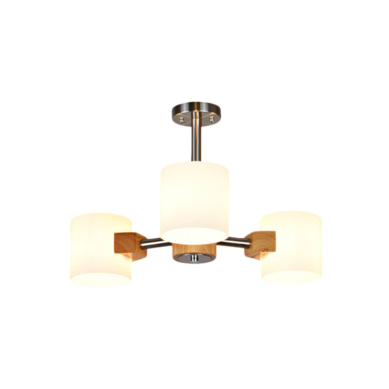 Modern Cylinder Semi Flush Lighting White Glass 2/3 Lights Living Room Wood Close to Ceiling Lamp in Chrome Clearhalo 'Ceiling Lights' 'Close To Ceiling Lights' 'Close to ceiling' 'Glass shade' 'Glass' 'Semi-flushmount' Lighting' 735348