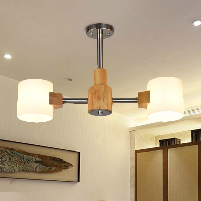 Modern Cylinder Semi Flush Lighting White Glass 2/3 Lights Living Room Wood Close to Ceiling Lamp in Chrome 2 White Clearhalo 'Ceiling Lights' 'Close To Ceiling Lights' 'Close to ceiling' 'Glass shade' 'Glass' 'Semi-flushmount' Lighting' 735350