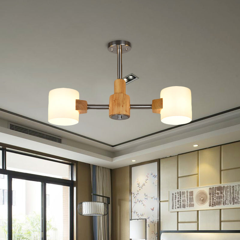 Modern Cylinder Semi Flush Lighting White Glass 2/3 Lights Living Room Wood Close to Ceiling Lamp in Chrome Clearhalo 'Ceiling Lights' 'Close To Ceiling Lights' 'Close to ceiling' 'Glass shade' 'Glass' 'Semi-flushmount' Lighting' 735352