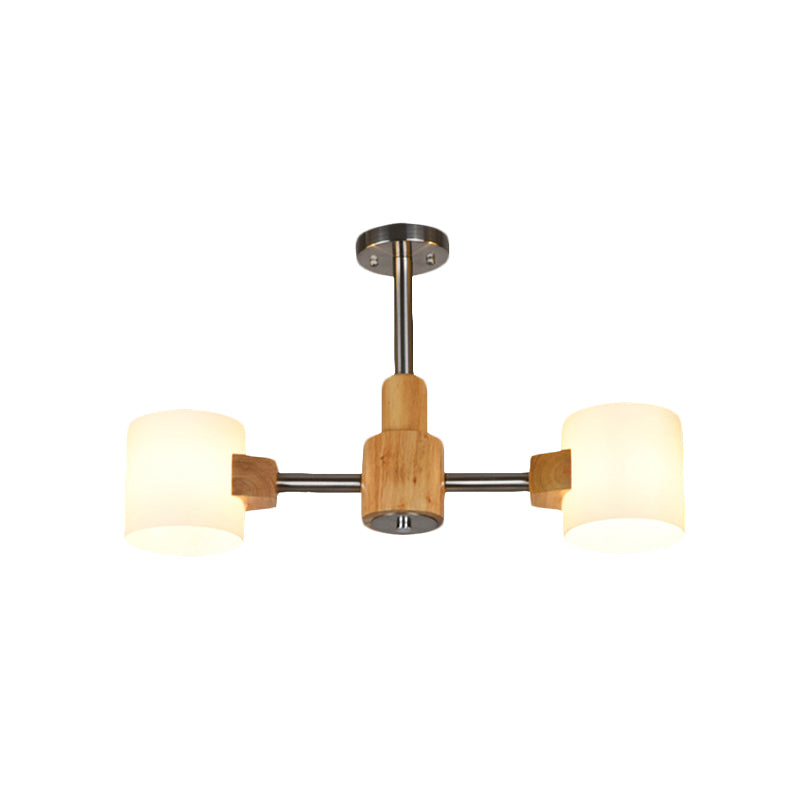 Modern Cylinder Semi Flush Lighting White Glass 2/3 Lights Living Room Wood Close to Ceiling Lamp in Chrome Clearhalo 'Ceiling Lights' 'Close To Ceiling Lights' 'Close to ceiling' 'Glass shade' 'Glass' 'Semi-flushmount' Lighting' 735353