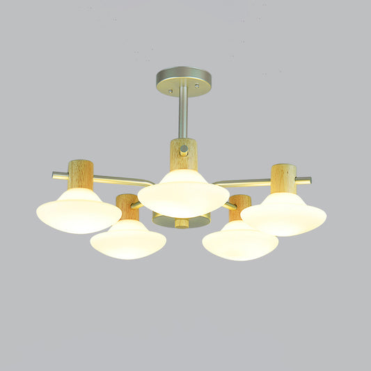 Modernism Mushroom Semi Flush Light Opal Frosted Glass 5/6-Head Bedroom Ceiling Lamp in Wood Clearhalo 'Ceiling Lights' 'Close To Ceiling Lights' 'Close to ceiling' 'Semi-flushmount' Lighting' 735366