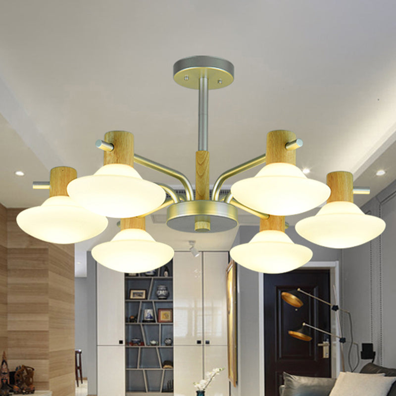 Modernism Mushroom Semi Flush Light Opal Frosted Glass 5/6-Head Bedroom Ceiling Lamp in Wood 6 Wood Clearhalo 'Ceiling Lights' 'Close To Ceiling Lights' 'Close to ceiling' 'Semi-flushmount' Lighting' 735368