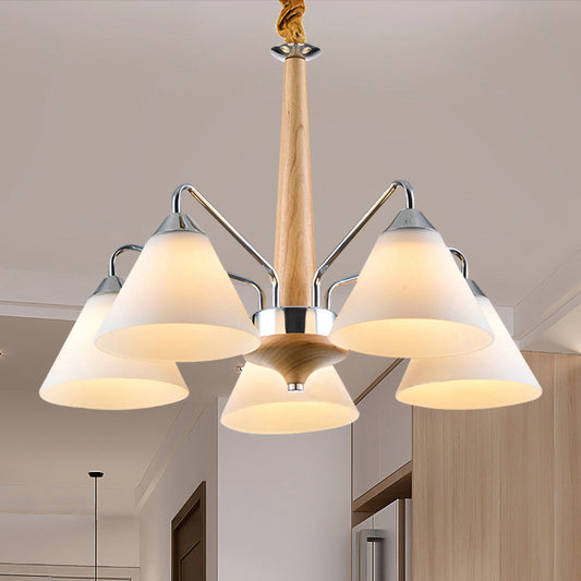 Chrome and Wood Conical Chandelier Modern 3/5 Lights Frosted Glass Hanging Ceiling Lamp 5 Chrome Clearhalo 'Carpenter Chandeliers' 'Ceiling Lights' 'Chandeliers' 'Industrial' 'Modern Chandeliers' 'Modern' Lighting' 735380