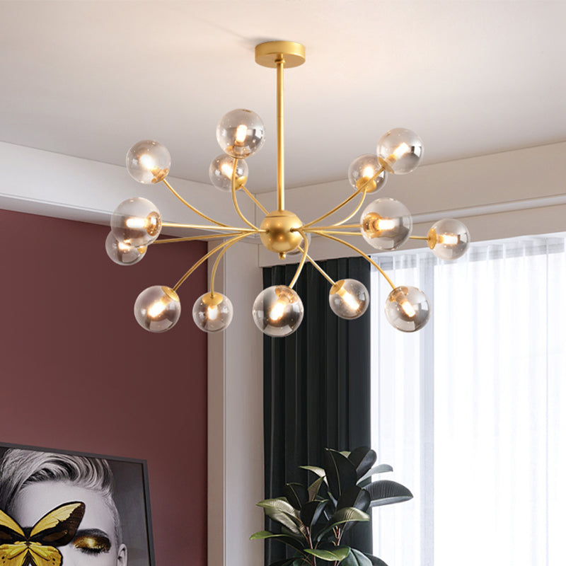 Spherical Chandelier Light Fixture Postmodern Smoke Gray/Cognac Glass 15 Bulbs Gold Arced Ceiling Lamp Smoke Gray Clearhalo 'Ceiling Lights' 'Chandeliers' 'Modern Chandeliers' 'Modern' Lighting' 735397