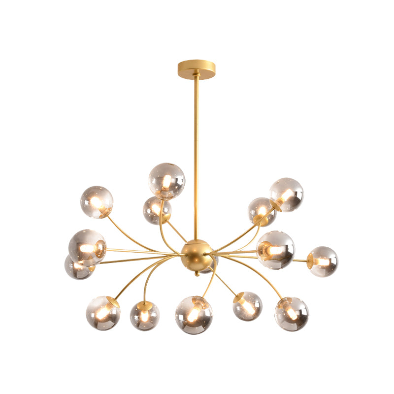 Spherical Chandelier Light Fixture Postmodern Smoke Gray/Cognac Glass 15 Bulbs Gold Arced Ceiling Lamp Clearhalo 'Ceiling Lights' 'Chandeliers' 'Modern Chandeliers' 'Modern' Lighting' 735398