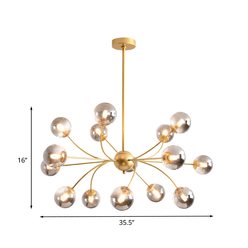 Spherical Chandelier Light Fixture Postmodern Smoke Gray/Cognac Glass 15 Bulbs Gold Arced Ceiling Lamp Clearhalo 'Ceiling Lights' 'Chandeliers' 'Modern Chandeliers' 'Modern' Lighting' 735400