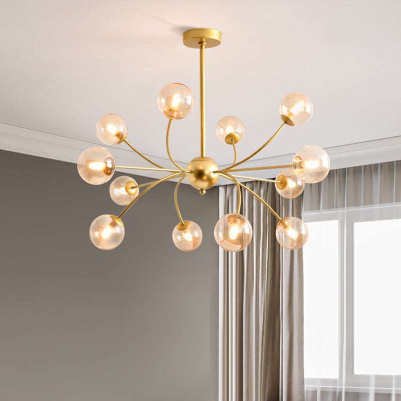 Spherical Chandelier Light Fixture Postmodern Smoke Gray/Cognac Glass 15 Bulbs Gold Arced Ceiling Lamp Cognac Clearhalo 'Ceiling Lights' 'Chandeliers' 'Modern Chandeliers' 'Modern' Lighting' 735401