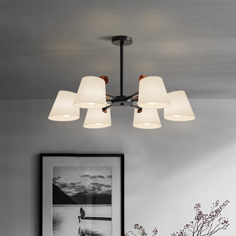 Barrel Dining Room Pendant Frosted White Glass 3/6-Head Modernist Radial Hanging Chandelier in Black Clearhalo 'Ceiling Lights' 'Chandeliers' 'Modern Chandeliers' 'Modern' Lighting' 735442