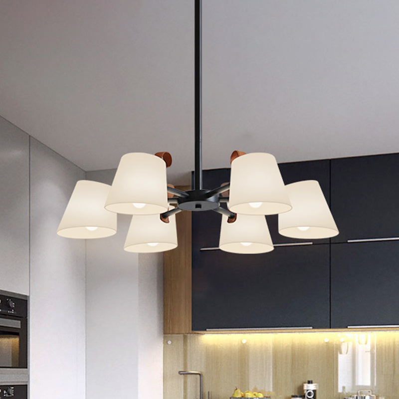 Barrel Dining Room Pendant Frosted White Glass 3/6-Head Modernist Radial Hanging Chandelier in Black Clearhalo 'Ceiling Lights' 'Chandeliers' 'Modern Chandeliers' 'Modern' Lighting' 735443
