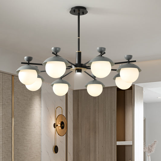Dome Hanging Chandelier Modern Iron 8-Head Black and Grey Radial Pendant Lighting with Globe White Glass Shade Grey Clearhalo 'Ceiling Lights' 'Chandeliers' 'Modern Chandeliers' 'Modern' Lighting' 735446