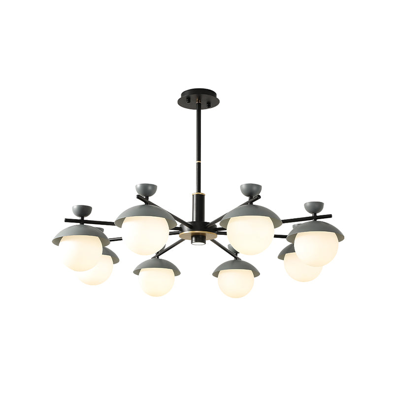 Dome Hanging Chandelier Modern Iron 8-Head Black and Grey Radial Pendant Lighting with Globe White Glass Shade Clearhalo 'Ceiling Lights' 'Chandeliers' 'Modern Chandeliers' 'Modern' Lighting' 735447