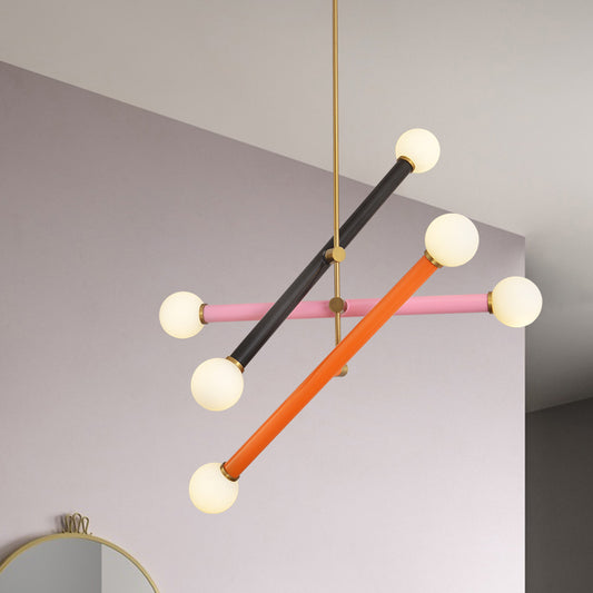 Metallic Linear Pendant Chandelier Contemporary 6 Bulbs Black-Pink-Orange LED Suspension Light Black-Pink Clearhalo 'Ceiling Lights' 'Chandeliers' 'Modern Chandeliers' 'Modern' Lighting' 735454