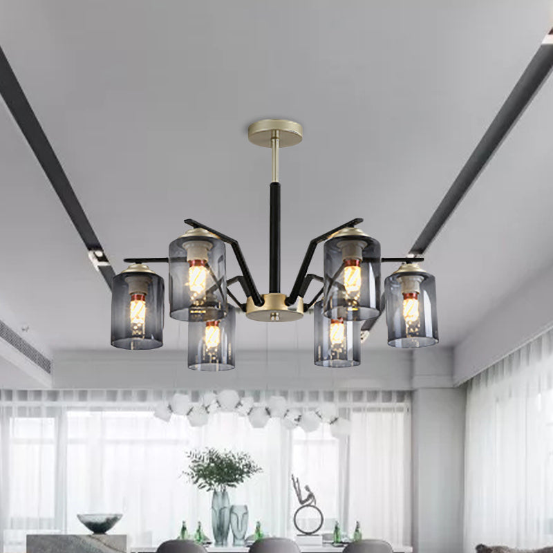 Black and Gold Cylinder Chandelier Lighting Postmodern 5/6 Bulbs Gradient Smoke Gray Glass Hanging Lamp Kit 6 Smoke Gray Clearhalo 'Ceiling Lights' 'Close To Ceiling Lights' 'Close to ceiling' 'Glass shade' 'Glass' 'Pendant Lights' 'Semi-flushmount' Lighting' 735458