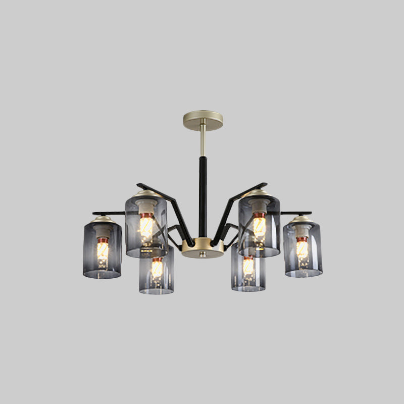 Black and Gold Cylinder Chandelier Lighting Postmodern 5/6 Bulbs Gradient Smoke Gray Glass Hanging Lamp Kit Clearhalo 'Ceiling Lights' 'Close To Ceiling Lights' 'Close to ceiling' 'Glass shade' 'Glass' 'Pendant Lights' 'Semi-flushmount' Lighting' 735460