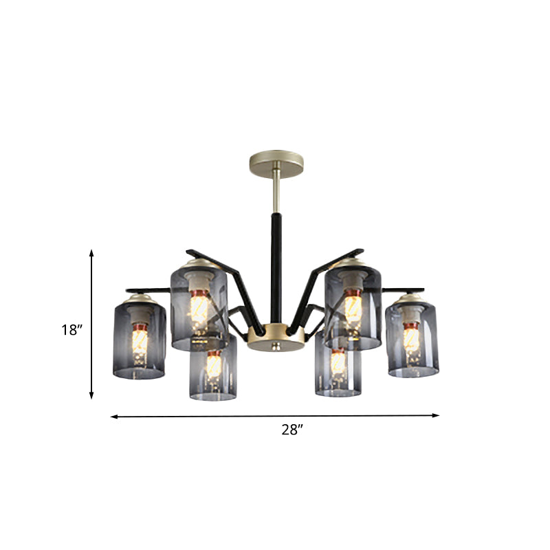 Black and Gold Cylinder Chandelier Lighting Postmodern 5/6 Bulbs Gradient Smoke Gray Glass Hanging Lamp Kit Clearhalo 'Ceiling Lights' 'Close To Ceiling Lights' 'Close to ceiling' 'Glass shade' 'Glass' 'Pendant Lights' 'Semi-flushmount' Lighting' 735461