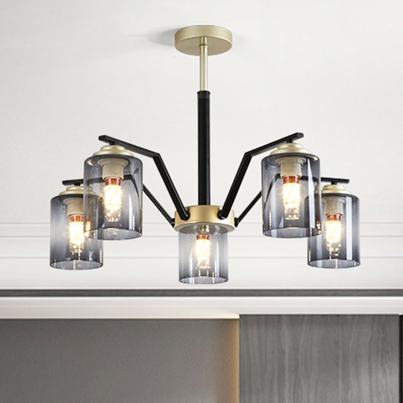 Black and Gold Cylinder Chandelier Lighting Postmodern 5/6 Bulbs Gradient Smoke Gray Glass Hanging Lamp Kit 5 Smoke Gray Clearhalo 'Ceiling Lights' 'Close To Ceiling Lights' 'Close to ceiling' 'Glass shade' 'Glass' 'Pendant Lights' 'Semi-flushmount' Lighting' 735462