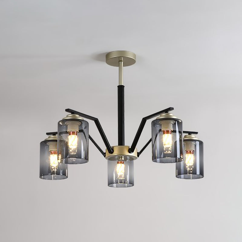 Black and Gold Cylinder Chandelier Lighting Postmodern 5/6 Bulbs Gradient Smoke Gray Glass Hanging Lamp Kit Clearhalo 'Ceiling Lights' 'Close To Ceiling Lights' 'Close to ceiling' 'Glass shade' 'Glass' 'Pendant Lights' 'Semi-flushmount' Lighting' 735463