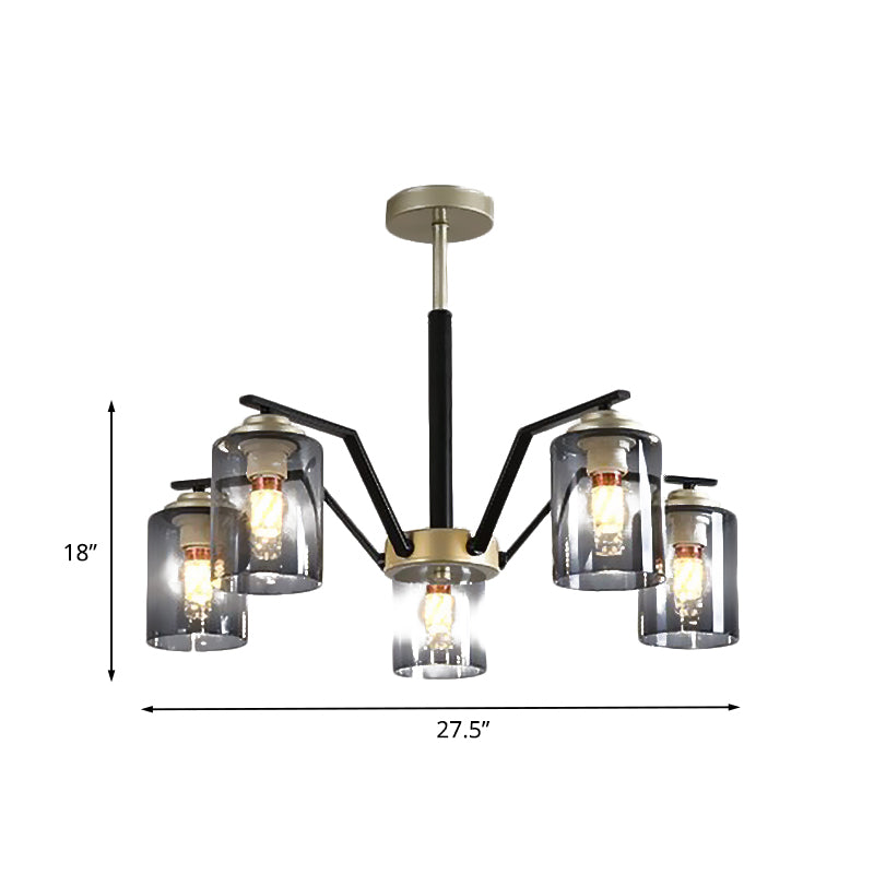 Black and Gold Cylinder Chandelier Lighting Postmodern 5/6 Bulbs Gradient Smoke Gray Glass Hanging Lamp Kit Clearhalo 'Ceiling Lights' 'Close To Ceiling Lights' 'Close to ceiling' 'Glass shade' 'Glass' 'Pendant Lights' 'Semi-flushmount' Lighting' 735464