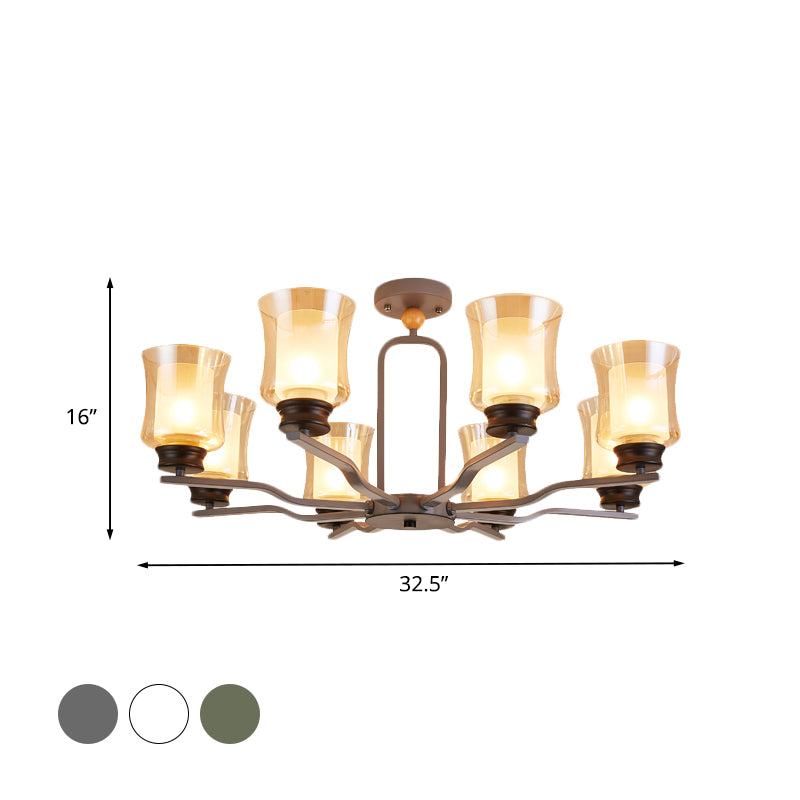 Cup Tan Glass Semi Flush Mount Lighting Modernist 8 Bulbs Radial Close to Ceiling Lamp in White/Grey/Green Clearhalo 'Ceiling Lights' 'Close To Ceiling Lights' 'Close to ceiling' 'Glass shade' 'Glass' 'Pendant Lights' 'Semi-flushmount' Lighting' 735500