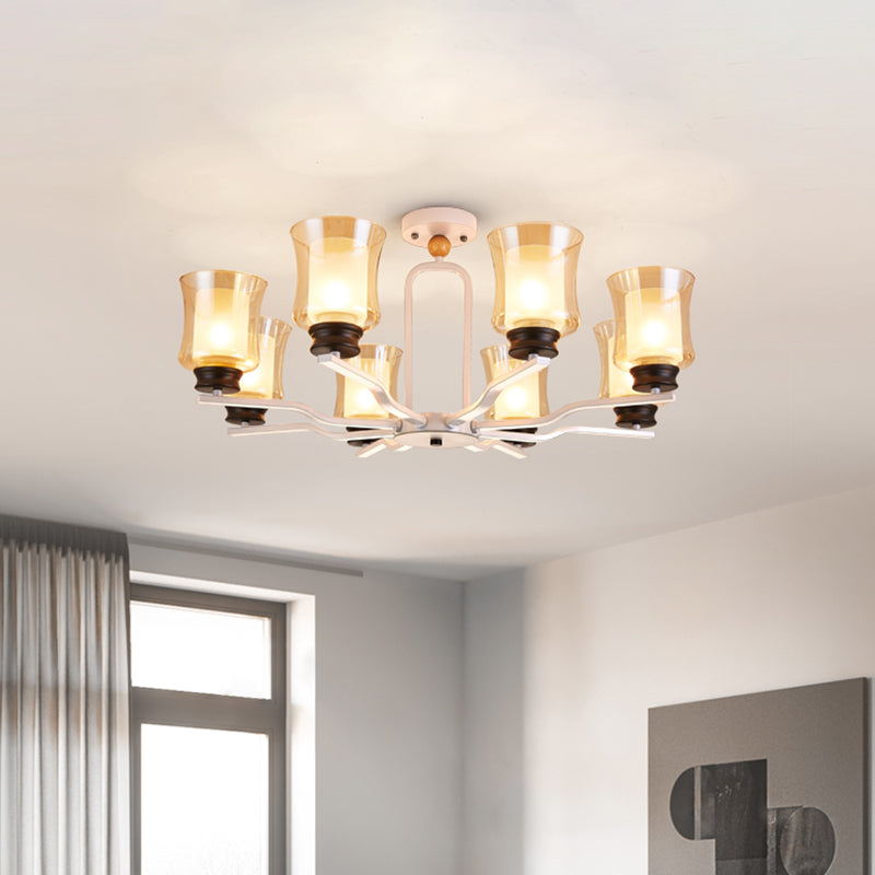Cup Tan Glass Semi Flush Mount Lighting Modernist 8 Bulbs Radial Close to Ceiling Lamp in White/Grey/Green Clearhalo 'Ceiling Lights' 'Close To Ceiling Lights' 'Close to ceiling' 'Glass shade' 'Glass' 'Pendant Lights' 'Semi-flushmount' Lighting' 735502