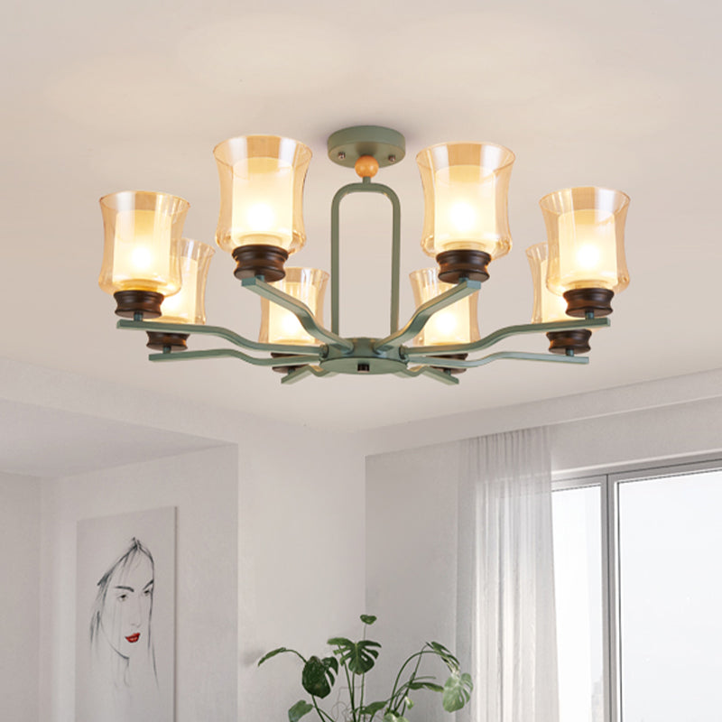 Cup Tan Glass Semi Flush Mount Lighting Modernist 8 Bulbs Radial Close to Ceiling Lamp in White/Grey/Green Green Clearhalo 'Ceiling Lights' 'Close To Ceiling Lights' 'Close to ceiling' 'Glass shade' 'Glass' 'Pendant Lights' 'Semi-flushmount' Lighting' 735505