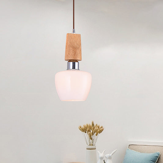 Chrome Tulip Pendant Vintage 1-Light Frosted White Glass Hanging Lighting with Wood Top White Clearhalo 'Ceiling Lights' 'Glass shade' 'Glass' 'Modern Pendants' 'Modern' 'Pendant Lights' 'Pendants' Lighting' 735509