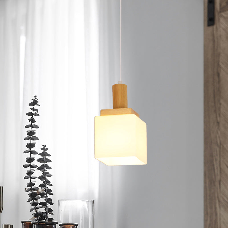 Cube Cream Glass Pendant Lighting Modern Asia 1-Head Wood Hanging Ceiling Lamp for Foyer Wood Clearhalo 'Ceiling Lights' 'Glass shade' 'Glass' 'Modern Pendants' 'Modern' 'Pendant Lights' 'Pendants' Lighting' 735529