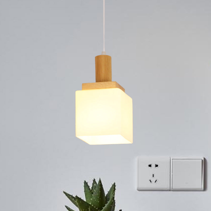 Cube Cream Glass Pendant Lighting Modern Asia 1-Head Wood Hanging Ceiling Lamp for Foyer Clearhalo 'Ceiling Lights' 'Glass shade' 'Glass' 'Modern Pendants' 'Modern' 'Pendant Lights' 'Pendants' Lighting' 735530