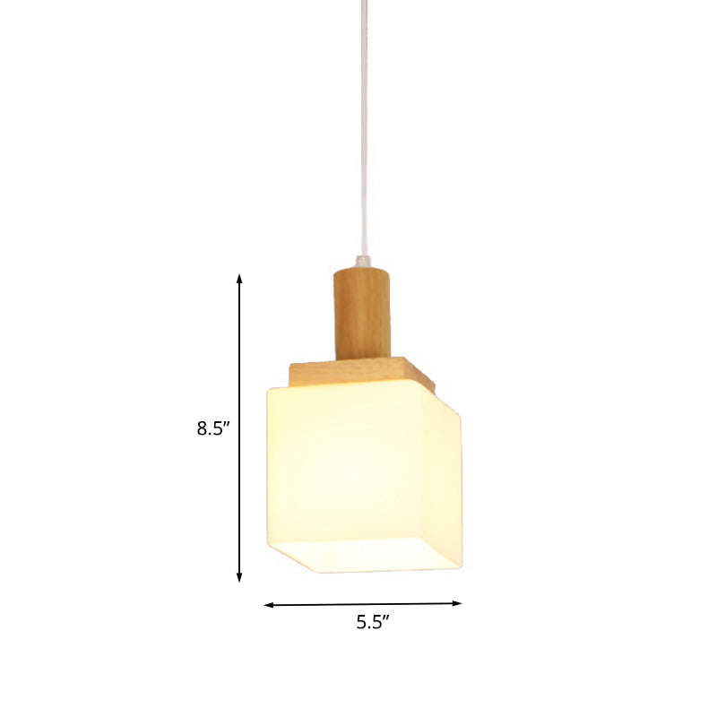 Cube Cream Glass Pendant Lighting Modern Asia 1-Head Wood Hanging Ceiling Lamp for Foyer Clearhalo 'Ceiling Lights' 'Glass shade' 'Glass' 'Modern Pendants' 'Modern' 'Pendant Lights' 'Pendants' Lighting' 735532