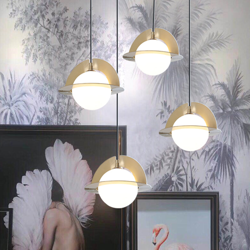 Cream Glass Sphere Suspension Light Post Modern 1-Light Pendant Lamp with Gold Panel Detail Clearhalo 'Ceiling Lights' 'Glass shade' 'Glass' 'Modern Pendants' 'Modern' 'Pendant Lights' 'Pendants' Lighting' 735533