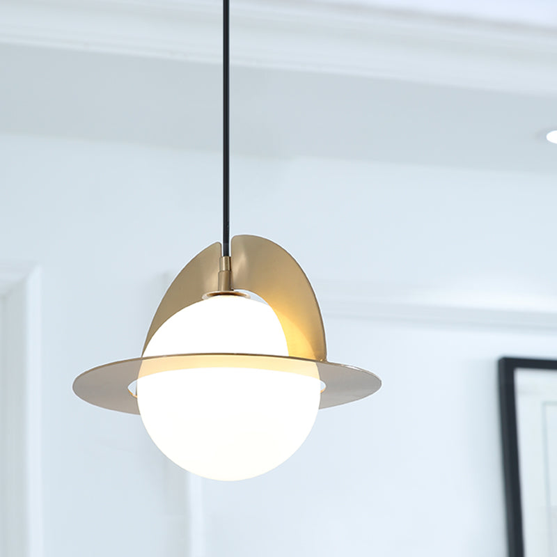 Cream Glass Sphere Suspension Light Post Modern 1-Light Pendant Lamp with Gold Panel Detail Gold Clearhalo 'Ceiling Lights' 'Glass shade' 'Glass' 'Modern Pendants' 'Modern' 'Pendant Lights' 'Pendants' Lighting' 735534