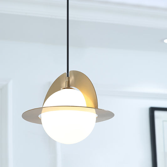 Cream Glass Sphere Suspension Light Post Modern 1-Light Pendant Lamp with Gold Panel Detail Gold Clearhalo 'Ceiling Lights' 'Glass shade' 'Glass' 'Modern Pendants' 'Modern' 'Pendant Lights' 'Pendants' Lighting' 735534