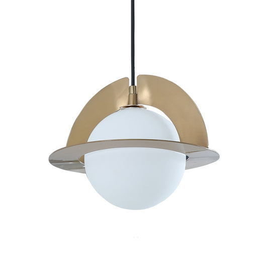 Cream Glass Sphere Suspension Light Post Modern 1-Light Pendant Lamp with Gold Panel Detail Clearhalo 'Ceiling Lights' 'Glass shade' 'Glass' 'Modern Pendants' 'Modern' 'Pendant Lights' 'Pendants' Lighting' 735535