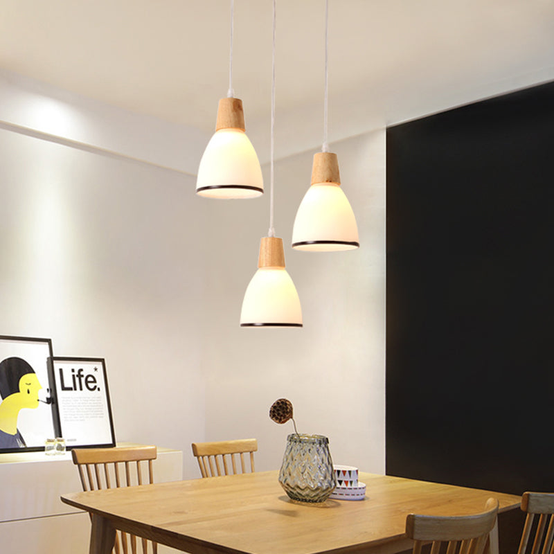 Wood Bell Multi Light Pendant Japanese 3 Heads White Glass Ceiling Suspension Lamp over Table White Clearhalo 'Ceiling Lights' 'Glass shade' 'Glass' 'Modern Pendants' 'Modern' 'Pendant Lights' 'Pendants' Lighting' 735537